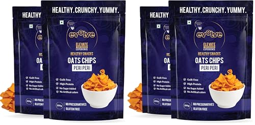 Image of Evolve Oats Chips Healthy Snacks for Kids, Adults | Gluten Free, Vacuum Fried, High in Protein, Low Calorie, Weight Loss Friendly, Peri Peri Flavor - 100g Pack of 4
