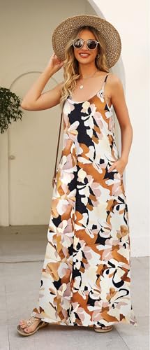 Image of Supnier Women's Summer Maxi Dress Casual V-Neck Sleeveless Bohemian Spaghetti Strap Floral Long Maxi Dress with Pockets