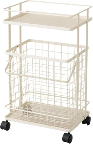 Bivoyud ランドリーバスケット ランドリーワゴン ブラック バスケット ランドリーラック ワゴン 洗濯カゴ 2段 メッシュ キャスター付き (ホワイト)