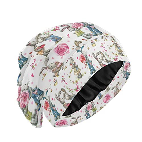 Cute Bunny Rabbit Pink Rose on White for Valentine Day Woman Silk Satin Slouchy Beanie Sleep Cap, Lightweight Cozy Soft for Hair Cover Bonnet, Night Caps Head Cover for Sleeping