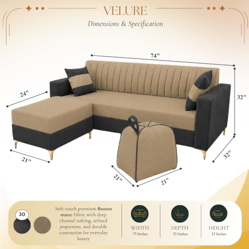 Image of FURNY Signature Regalia 4-Seater L-Shape Sofa Set with Movable Ottoman & Suri Pouf | Flexible LHS /RHS Layout | Boston Fabric | 40D Foam + Zigzag Spring | 3-Yr Warranty (Steel Grey -Beige)
