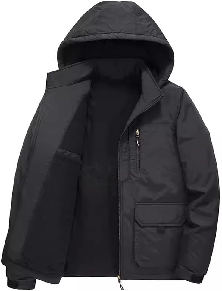 JSEIAJB Loose Oversized Casual Waterproof Jacket with Plush men, Thickened Autumn Winter Multiple Pockets