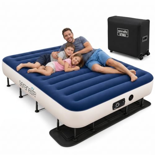 SereneLife (Queen) EZ Bed Air Mattress with Frame and Rolling Case - 3 Min Self Inflating Air Bed with Upgraded U-Coil Mattress and Premium Soft Flocked Top Wall Plug AC Powered Inflate and Deflate