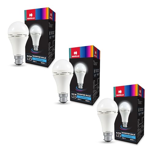 Image of HAVELLS 8.5w LED Emergency Bulb | Shatter Resistant |Cool Day White (6500K) | B22 LED Bulb Base | Inverter Bulb for home,4 Hours battery back up| Li-ion Battery | Over charging Protection (Pack of 3)