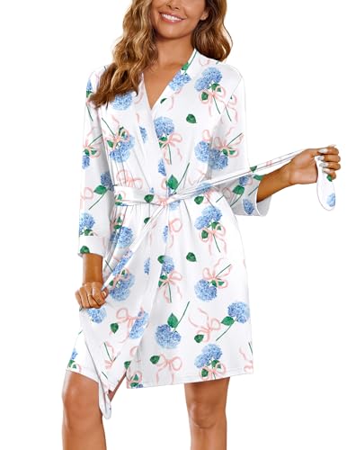 Image of Ekouaer Women's Robes Lightweight 3 /4 Sleeve Short Knit Bathrobe Soft Knee Length Sleepwear Robes with Pockets S-XXL