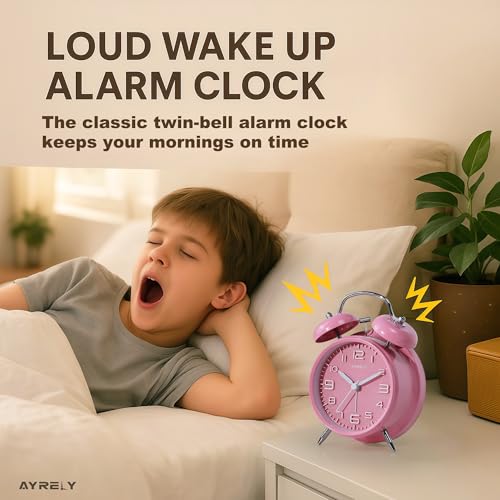 Image of AYRELY Super Loud Alarm Clock for Heavy Sleepers Adults,Twin Bell Retro 4 Inch Silent Non-Ticking Quartz with Backlight, Metal dial, Alarm Clocks for Bedrooms Bedside(3D Dial - Pink)