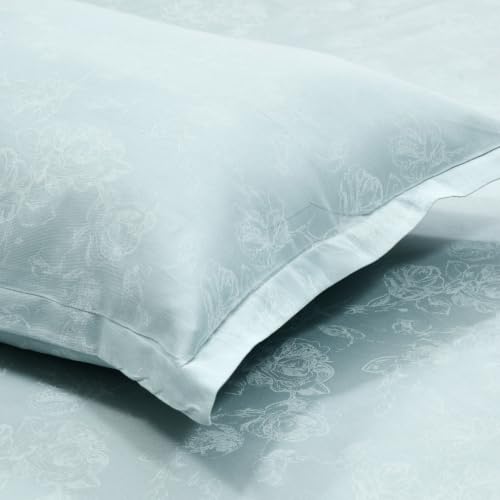 Image of Haus & Kinder King Size Bedsheet for Double Bed with 2 Pillow Covers 108 Inch x 108 Inch| Premium Soft & Silky Pure Cotton 300 TC Flat King Bedsheet | Ashen Blossom Mint