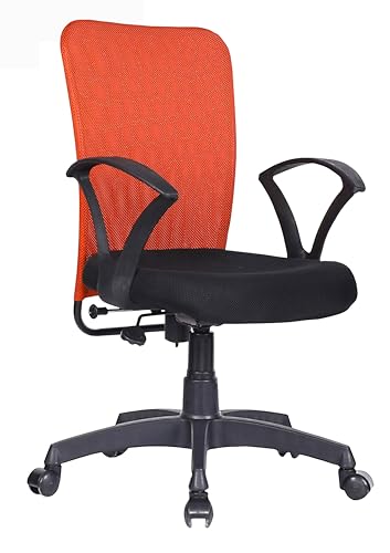 Image of Office Arm Chair with Metallic Frame, Mesh Back, Nylon Base, and Adjustable Handle, Cushion Fabric (Orange)