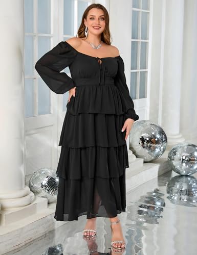 Image of EYWOL Womens Plus Size Floral Tiered Ruffle Long Sleeve Evening Party Wedding Guest Dress