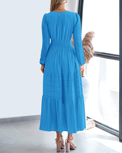BTFBM Fall Dresses for Women 2025 Casual Long Sleeve V Neck Elastic Waist Lightweight Maxi Wedding Guest Dress Pockets