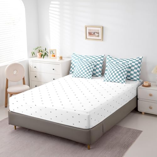 Image of Erosebridal White Blue Checkered Boys Twin Comforter Set with Sheets 7 Piece Buffalo Plaid Grid Kids Bedding Set with Sheets Teen Men Checkerboard Bed in A Bag Aesthetics Gingham Bed Set