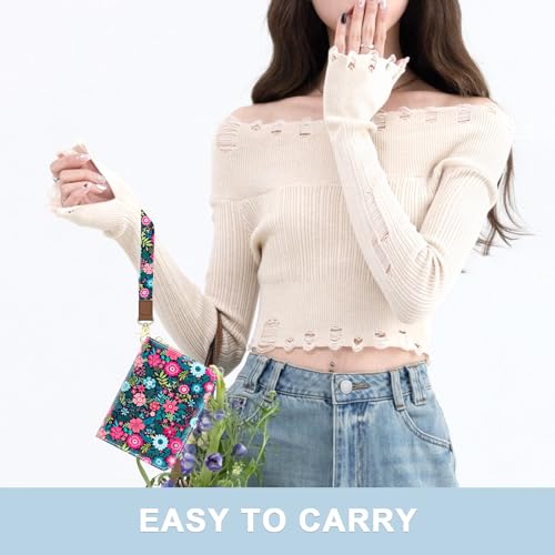 Image of Aiawoxc Credit Card Holder, Small RFID Wallet Slim Leather Card Organizer Case with Zipper and Wristlet Strap, Elegant Flowers