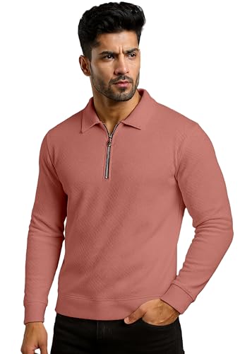 Image of Peppyzone Men's Full Sleeve Textured Polo T-Shirt with Collar | Stylish Chain Zip Tshirt for Man | Premium Polyester Lycra Stretch Fabric | Long Sleeve T Shirt for Men