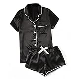 Generic Beach Silk Pajamas for Women Set Button down Short Sleeve Tops Shorts 2 Piece Pjs Set Comfy Cute Summer Sleepwear Loungewear Pijamas De Seda Para Mujer, Large, A01_black