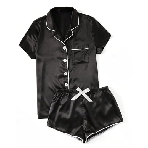 Image of Silk Pajamas for Women Set Button down Short Sleeve Top Shorts 2 Piece Pjs Set Comfy Cute Summer Sleepwear Loungewear