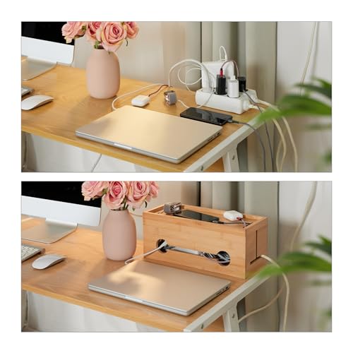 Relaxdays Kabelbox für 2 Steckdosenleisten, Bambus, HxBxT: 14 x 34,5 x 14 cm, Kabel verstecken, Steckdosenbox, natur