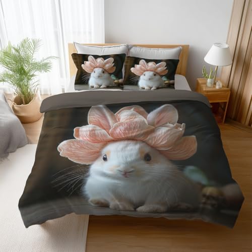 Ropa de Cama de 150 x 200 cm y con Funda de Almohada de 50x75CM 2 Piezas Funda nórdica de Microfibra de 150 x 200 cm con Fundas nórdicas Cama 90 diseño Moderno Lindo Animal Conejo Rosa