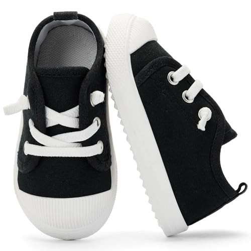 BACSAC Toddler Canvas Shoes for Boys Girls Slip On Little Kids Sneakers with Soft Sole Breathable Unisex Child Fashion Causal Running Shoes Black