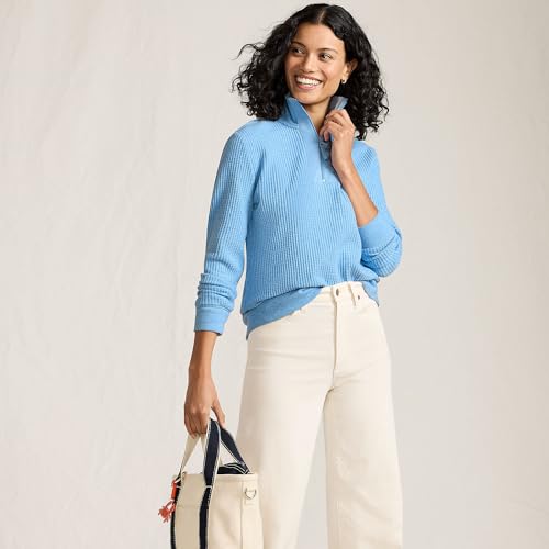 Lands' End Women's Long Sleeve Waffle Quarter Zip Pullover Medium Light True Blue Heather4