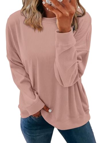 KISSMODA Women's Casual Long Sleeve Sweatshirt Color Block/Solid Crewneck Corduroy Pullover Cute Tops