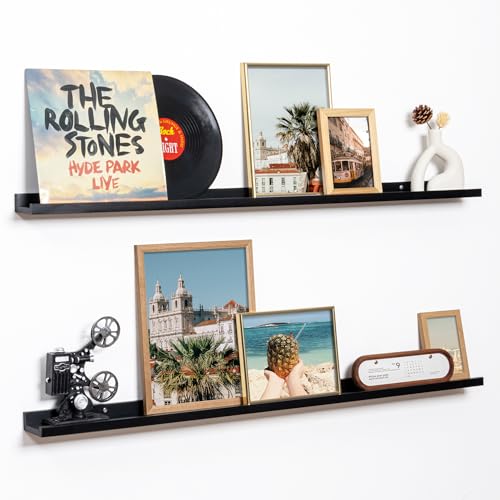 Fun Memories Picture Ledge Shelf, 48 Inch Floating Shelves Set of 2, Large Nursery Book Shelves for Toys Storage, Kids Bookshelf Wall Mounted for Wall Decor Books Photo Frames, Black