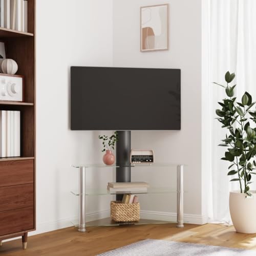 Centros de entretenimiento y soportes de TV, soporte de esquina para TV de 3 niveles para 32-70 pulgadas, negro y plateado