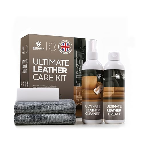 RESTOREM Ultimate Leather Care Kit - 250ml Leather Cleaner & Conditioner - Includes 2 x Microfibre Cloths & Sponge - Sofa Car Seat & Upholstery Cleaner - Furniture & Chair Restoration Kit