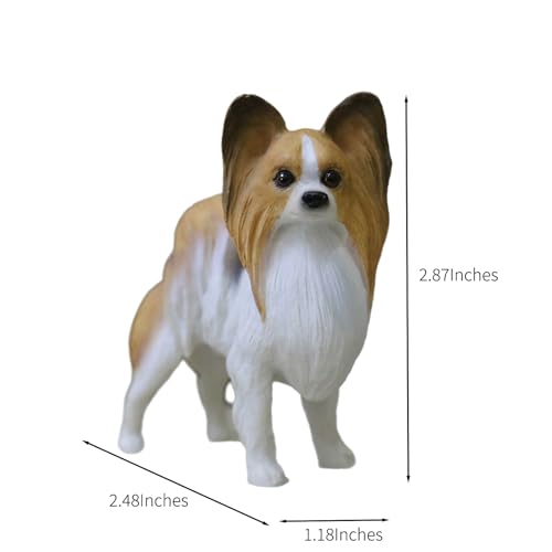 Realistische kleine Papillon-Figur aus Kunstharz, Geschenke, Hunde-Gedenkfiguren, Auto-Dekoration, Sammler-Hundestatue, Skulptur, Geschenke für Papillon-Liebhaber (braun-weiß, L: 6,2 cm x B 3,5 cm x H
