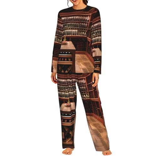 Pyjama assorti manches longues femme imprimé cave à vin rouge nuit homewear