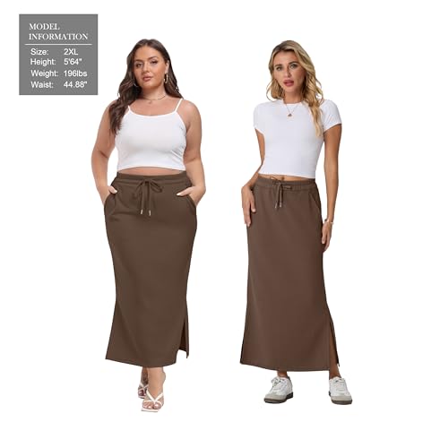 Image of Lepunuo Women's High Waisted Sweat Maxi Skirt with Pockets Slit | Ultra Soft Sweat Fabric, High Waist Drawstring, Deep Phone Pockets, Side Slit for Movement, Ideal for Lounge Travel