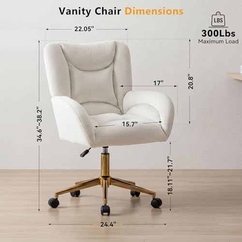 Image of FOXHUNTER Vanity Chair with Ergonomic Back & Wheels, 360 Swivel Accent Chair, Adjustable Height Home Office Chair for Living Room, Bedroom (Velvet, Ivory)