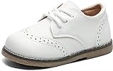 kkdom Toddler Boys Girls Oxford Shoes Classic Lace-Up Little Kid Wedding Church Dress Shoes PU Leather School Uniform Loafer Flats White