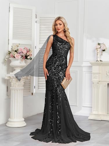 Image of One Shoulder Glitter Mermaid Dress for Mother of The Bride Women's Sexy Sequin Formal Gown