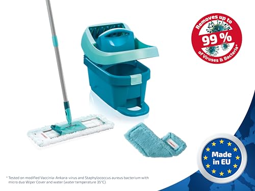 Leifheit Profi XL Mop and Bucket Set, Static Plus Wiper Cover, Deluxe 42cm Microfibre Mop Head and Dusting Head, Profi Wringer Bucket with Rollers, Turquoise