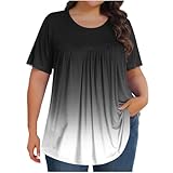 Keepink Damen Übergröße Tops Sommer Oversized T-Shirts Solid/Floral Elegant Top Lose Tunika Rundhals Shirt Kurzarm Plissee Elegant Casual Bluse Langes Top zum Tragen mit Leggings, 2 Schwarz, XXL