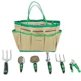 TrueFit Designs 7 Piece Garden Tool Set with Durable Cast Aluminum Heads plus Ergonomic Handles and Sizable Garden Tote Bag