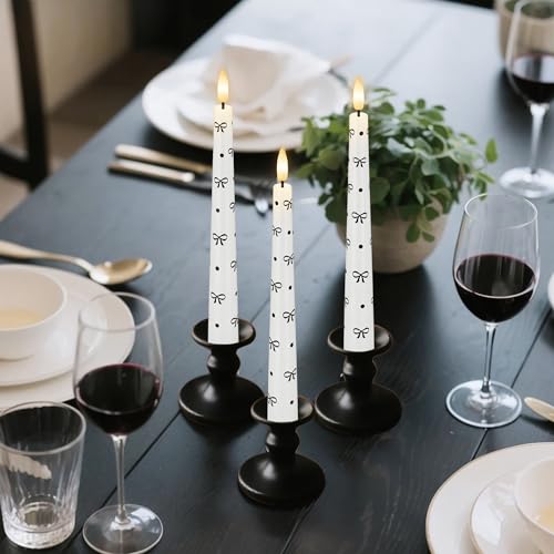 Image of Flameless Taper Candles with Remote, Black Bow and Dot Flameless Candles | Flickering LED Candlesticks with Remote and Timer, Warm 3D Wick Light, Home Table Mantel Party Festival Decor 9.6 Inches