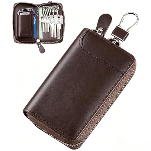 Image of Leather keychain Holder Pouch, Leathers key cover, Leather Key Case Wallet with 6 Hooks & 1 Keychain /Ring, Soft Strong and Compact Organiser For Men or Women (Size 12 x 7 cm)
