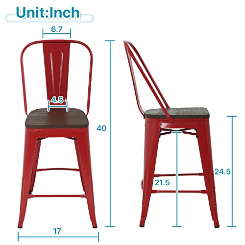 Metal Bar Stools Set Of 4, 24 Inch Counter Height Bar Stools With Removable Back Modern Bar Stools Farmhouse Bar Stools Kitchen Dining Bar Chairs High Back Bar Stools, Red #TOP1