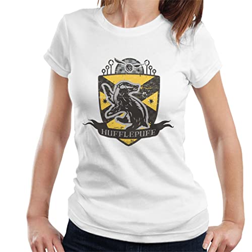 Image of All+Every Harry Potter Hufflepuff Quidditch Distressed Shield Women's T-Shirt White
