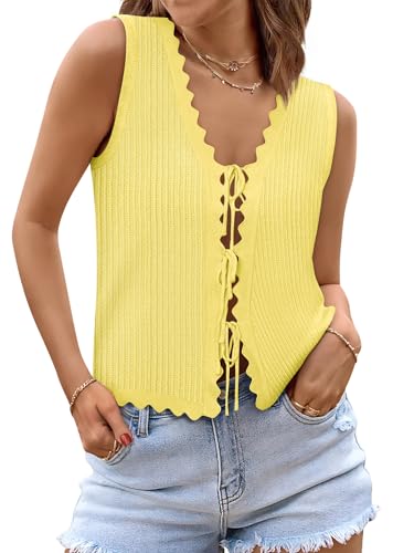 Womens Tie Front Tops Trendy 2025 Summer V Neck Sleeveless Sweater Vests Fashion Cute Crochet Knit Tops