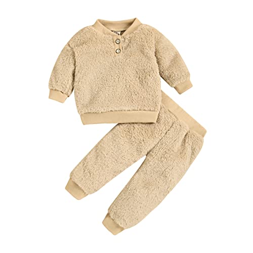 Toddler Baby Boy Girl Fleece Two Piece Clothes Long Sleeve Plush Pullover Sweatshirt+Trousers Set Cute Furry Outfit