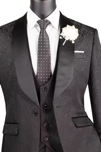 Mens Floral Jacquard Tuxedo Suit Set 3 Piece Suit Men Classic Shawl Lapel Prom Dress Jacket Vest & Pants with Bow3