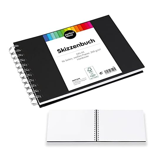 Perfect ideaz - Cuaderno de dibujo (96 páginas, 48 hojas) DIN-A5, cuaderno de dibujo profesional, libro de espiral con papel blanco blanco, 200 g, cuaderno de bocetos y libro negro en blanco para