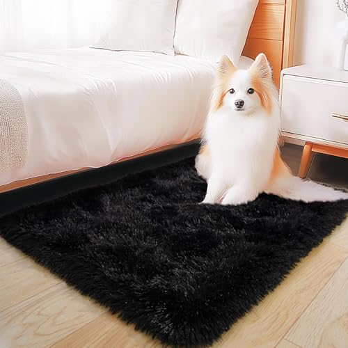 Image of Carpet for Hallway, Kitchen, and Modern InteriorsCarpetCozy Shag Runner for Living Room, Bedroom & Office Decor ETC Size 5x8 feet, Patten-Solid Black
