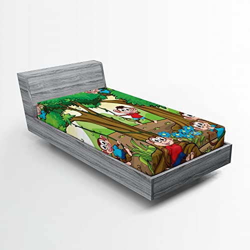 Ambesonne Cartoon 2 Pack Fitted Sheet, Apes Play in Forest, Bed Cover All-Round Elastic Deep Pockets 2 Pieces, Package Contains 2 Twin Size Fitted Sheets, Green Brown
