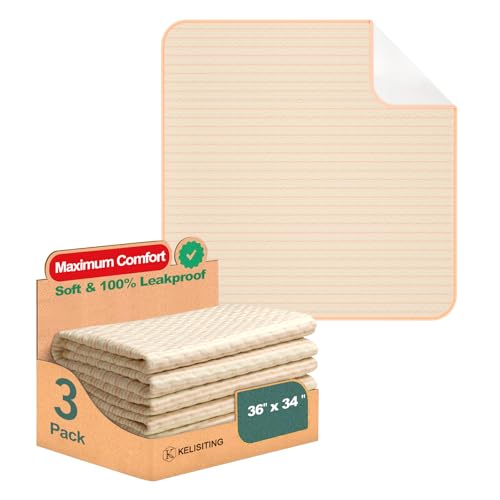 Image of Bed Pads for Incontinence Washable Waterproof, 36 inch x 34 inch (Pack of 3) - Reusable Medium Bamboo Fiber Pee Pads for Adults, Women, Elderly, Pet, 4-Layer Underpads for Sofa, Couch, Furniture - KELISITING