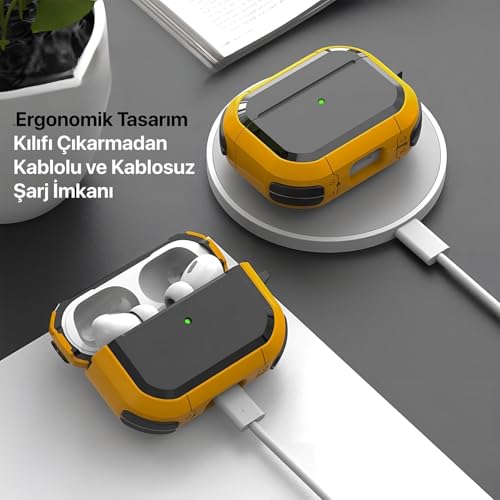 Minesk Airpods 3 ile Uyumlu Armor Serisi Darbelere Karşı Ultra Güçlü Koruma Fiber Karbon Arka Tasarım Kılıf (Sarı)