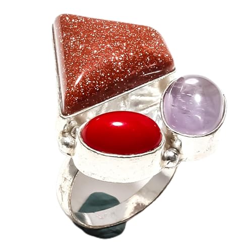 Bague en argent 925 cadeau idéal pierre de soleil et corail rouge