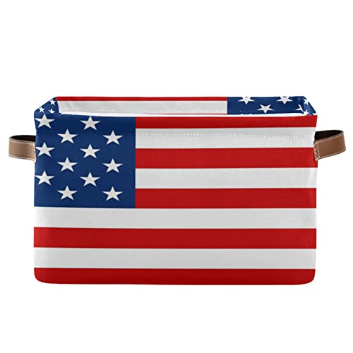 senya July 4th Storage Basket with Handles, American Flag Large Foldable Fabric Collapsible Storage Bins Organizer Bag for Storage 15 x 11 x 9.5 inch